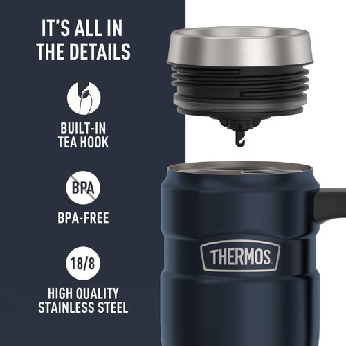 THERMOS Stainless King Vacuum-Insulated Travel Mug with Handle - 16oz, Midnight Blue - Thermos Tumbler for Hot & Cold Drinks - Leak & Sweat-Proof Stainless Steel Coffee Mug with Lid for Commuting