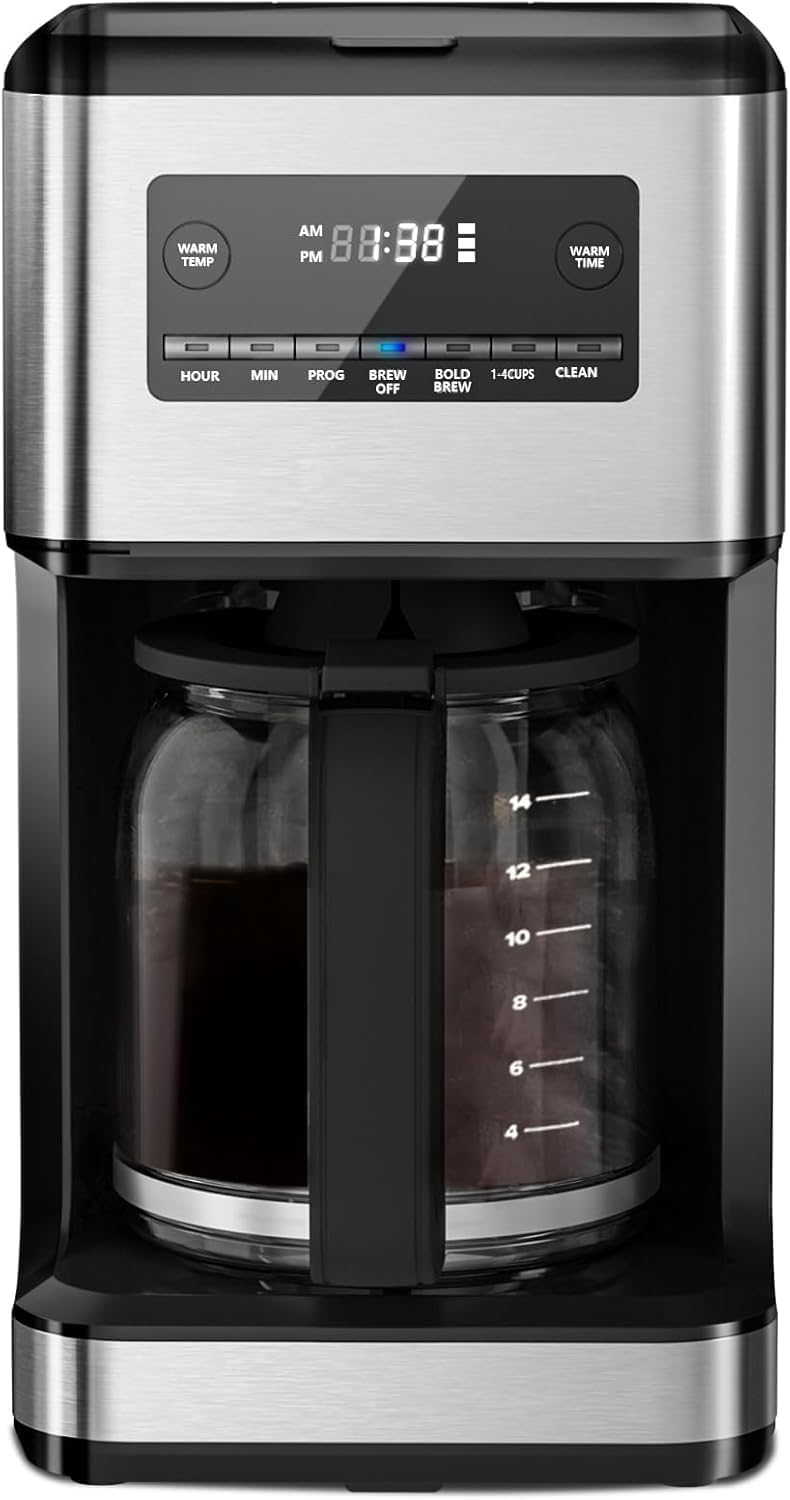 Skiennix 14-Cup Programmable Coffee Maker - Reusable Filter & Keep Hot Plate, Stainless Steel