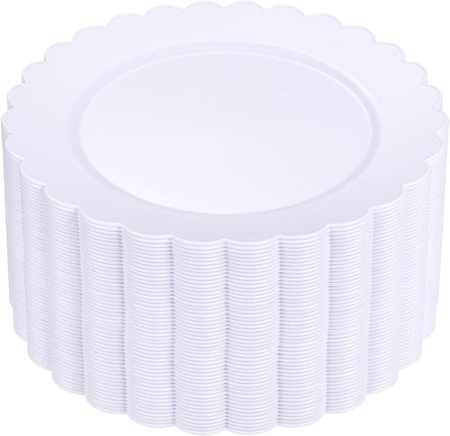 SUT 72-Pack 10.25 Inch White Heavy Duty Plastic Dinner Plates, Disposable Plates, Scallop Plates for Parties, Events, and Occasions
