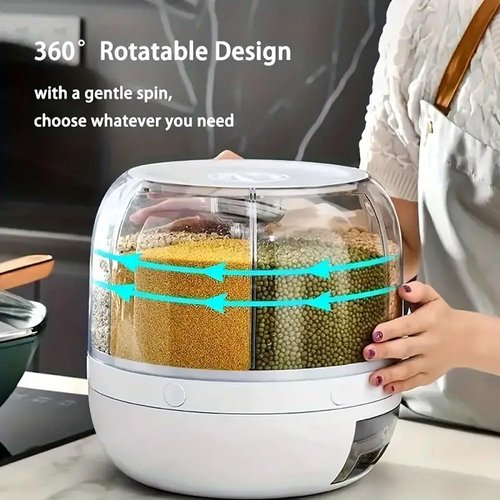 WYSYZJJ Rotating grain distributor, 6-grid large rice storage container for storing rice, beans and cat food, sealed and moisture-proof, large size.