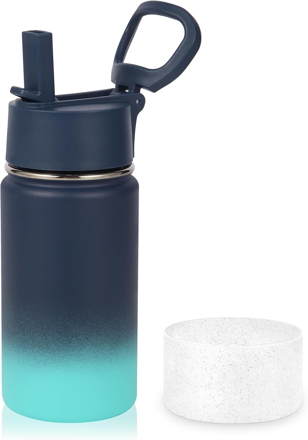 Volhoply 14oz Kids Stainless Steel Insulated Water Bottle - Leakproof Straw Lid & Silicone Boot | BPA-Free, Blue Green