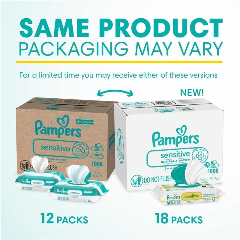 Pampers Sensitive Baby Wipes - Hypoallergenic & Unscented | 18 Flip-Top Packs (1008 Wipes Total)