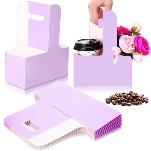 Reallnaive 10 Pack 2 Cup Disposable Drink Carrier for Delivery with Handle Paperboard Coffee Carrier for Hot Cold Drinks Take Out Cup Carriers for Food Delivery (Purple)
