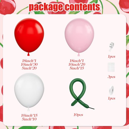Cherry Balloon Garland Arch Kit, Red Pink White Green Long Balloons for Girls Birthday She is Cherry on Top Baby Shower Wedding Bridal Party Decorations