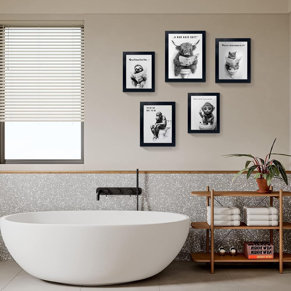 Orvannaatr Highland Cow Wall Art - Humorous Sketch of Cow on Toilet for Fun Bathroom Décor