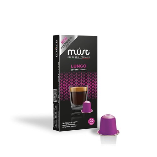 MUST, 100 Coffee Capsules in 100% Recyclable Aluminum, Lungo Blend Intensity 5/8, 10 Packs of 10 Capsules, Compatible with Nespresso Machine, Made in Italy