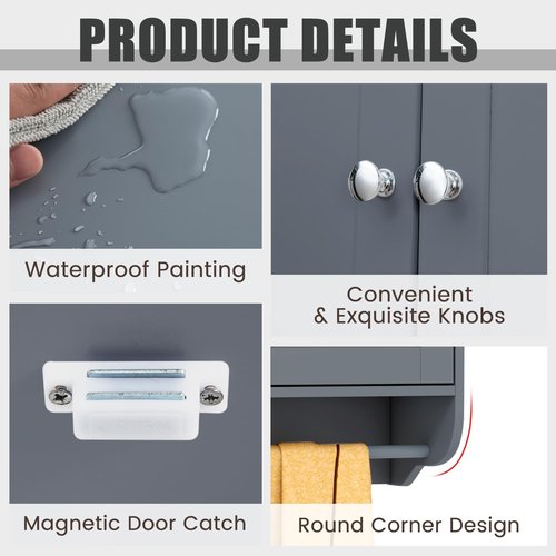 LOKO Wall Mounted Bathroom Cabinet with Towel Bar, Hanging Over The Toilet Storage Cabinet w/Adjustable Shelf, Medicine Cabinet Space-Saving Storage Organizer for Bathroom or Kitchen (Grey)