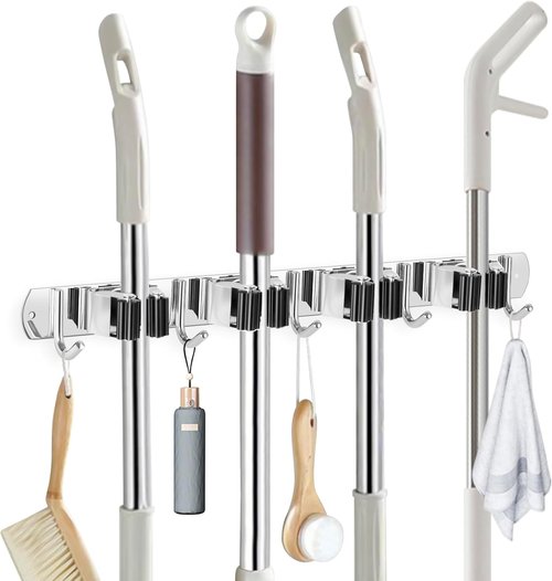IMILLET Wall-Mounted Broom Holder - Heavy-Duty Stainless Steel Storage Organizer | 4 Racks & 5 Hooks