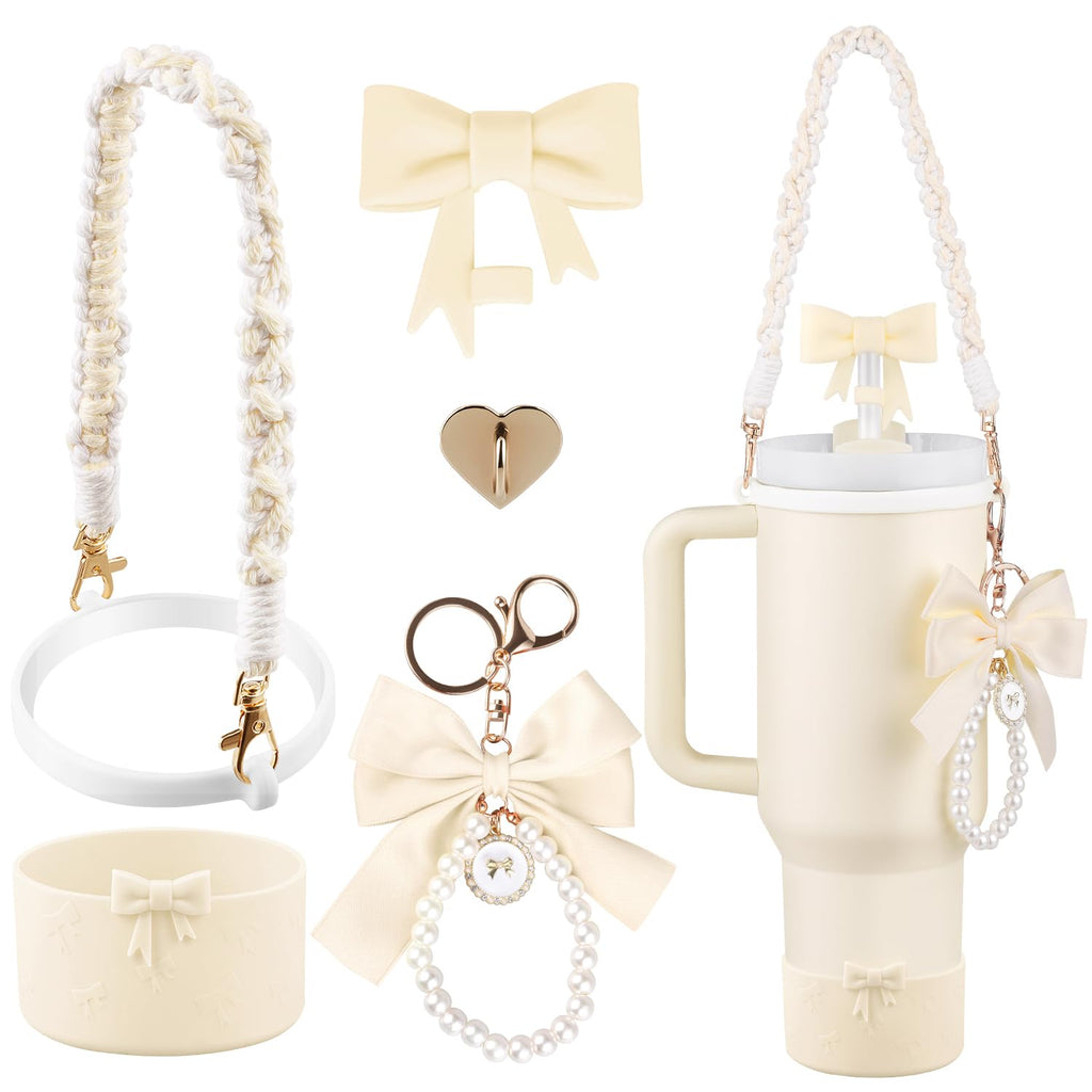 Stanley Cup Accessories Set for 40oz & 30oz,0.4in Silicone Straw Cover, Cute Charm,Handle Strap,Cup Ring,Plush Pendant,Stanley Boot,Heart Buttons for Tumbler (White)