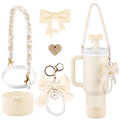 Stanley Cup Accessories Set for 40oz & 30oz,0.4in Silicone Straw Cover, Cute Charm,Handle Strap,Cup Ring,Plush Pendant,Stanley Boot,Heart Buttons for Tumbler (White)