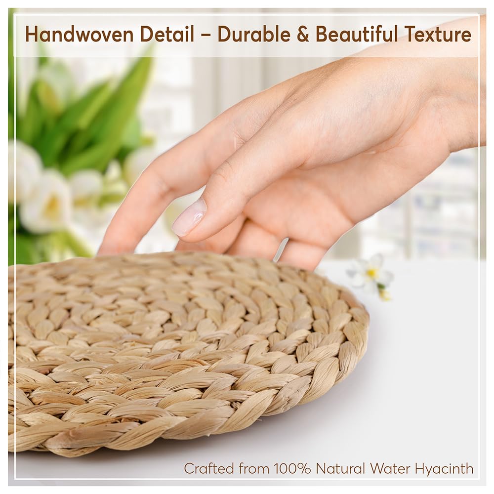 12 inch Round Placemats Set of 8, Natural Herringbone Pattern, Table Mats Braided Heat Proof, Farmhouse Boho Table Place Mat Ourdoor Wicker Chargers for Dinner Plates