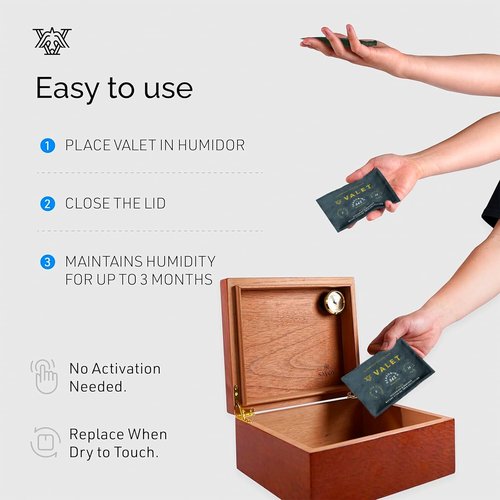 Valet 84% Two-Way Humidity Pack for Seasoning Wood Containers, 60g Humidifier Pack Prevents Leaks and Controls Moisture with Natural Craft Paper Design, Individually Wrapped