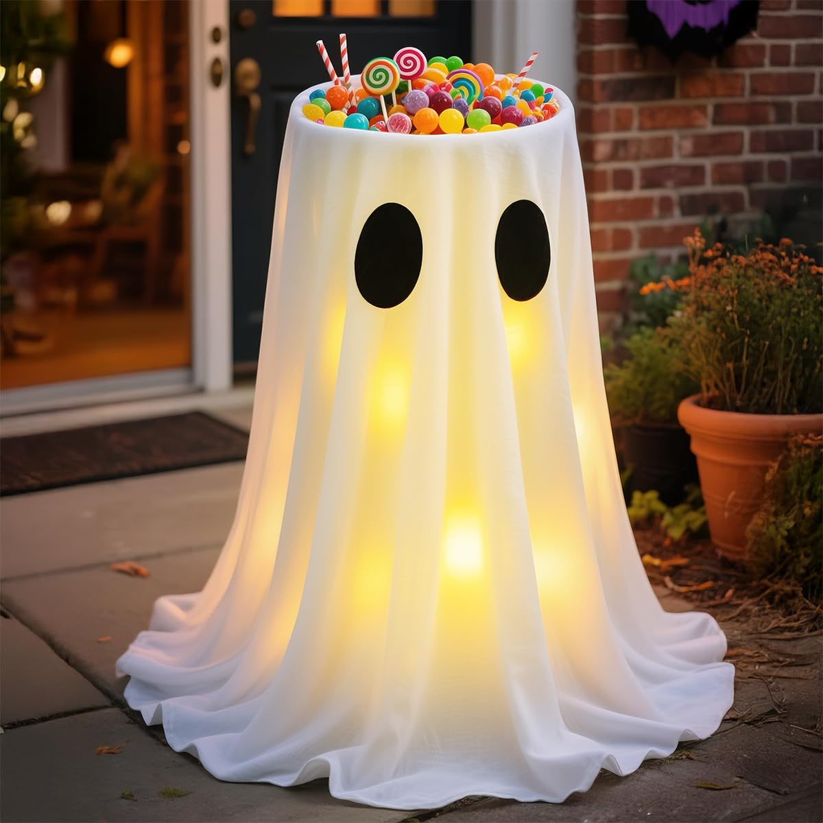 USB Powered Halloween Decorations - Halloween Ghost Candy Bowl Stand Decoration with 8 Modes Remote Control LED Lights - Cute Ghost Candy Holder for Front Door Porch Outdoor Indoor Decor