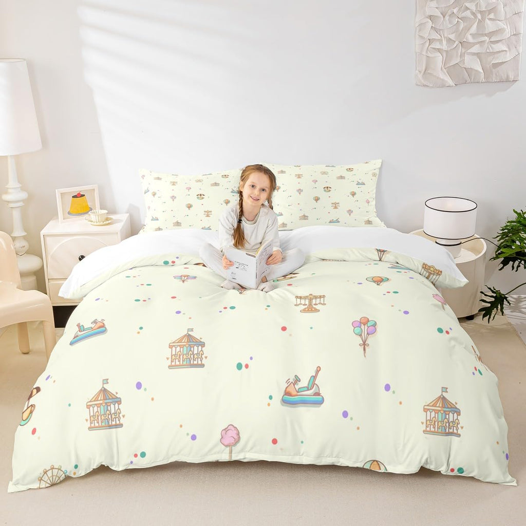Kid Amusement Park Duvet Cover Twin Size,Hot Air Balloon and Carousel Bedding Set with 1 Pillowcase,Child Theme Comforter Cover for Teens Boys Girls Room Decor,Soft Quilt Cover
