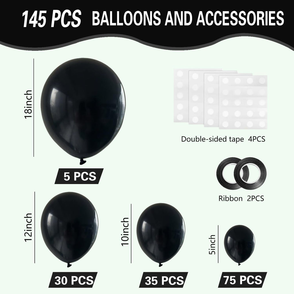 Shiny Metallic Black Balloons - 145-Piece Latex Arch Kit for Graduation, Halloween & Birthday Decor