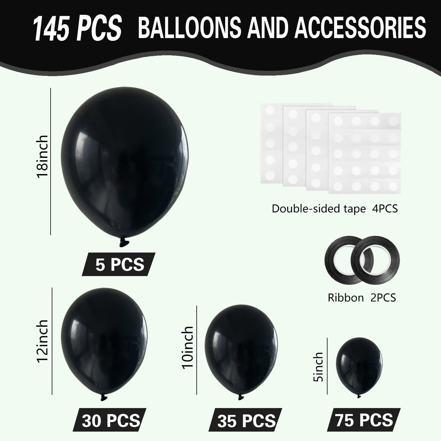 Shiny Metallic Black Balloons - 145-Piece Latex Arch Kit for Graduation, Halloween & Birthday Decor