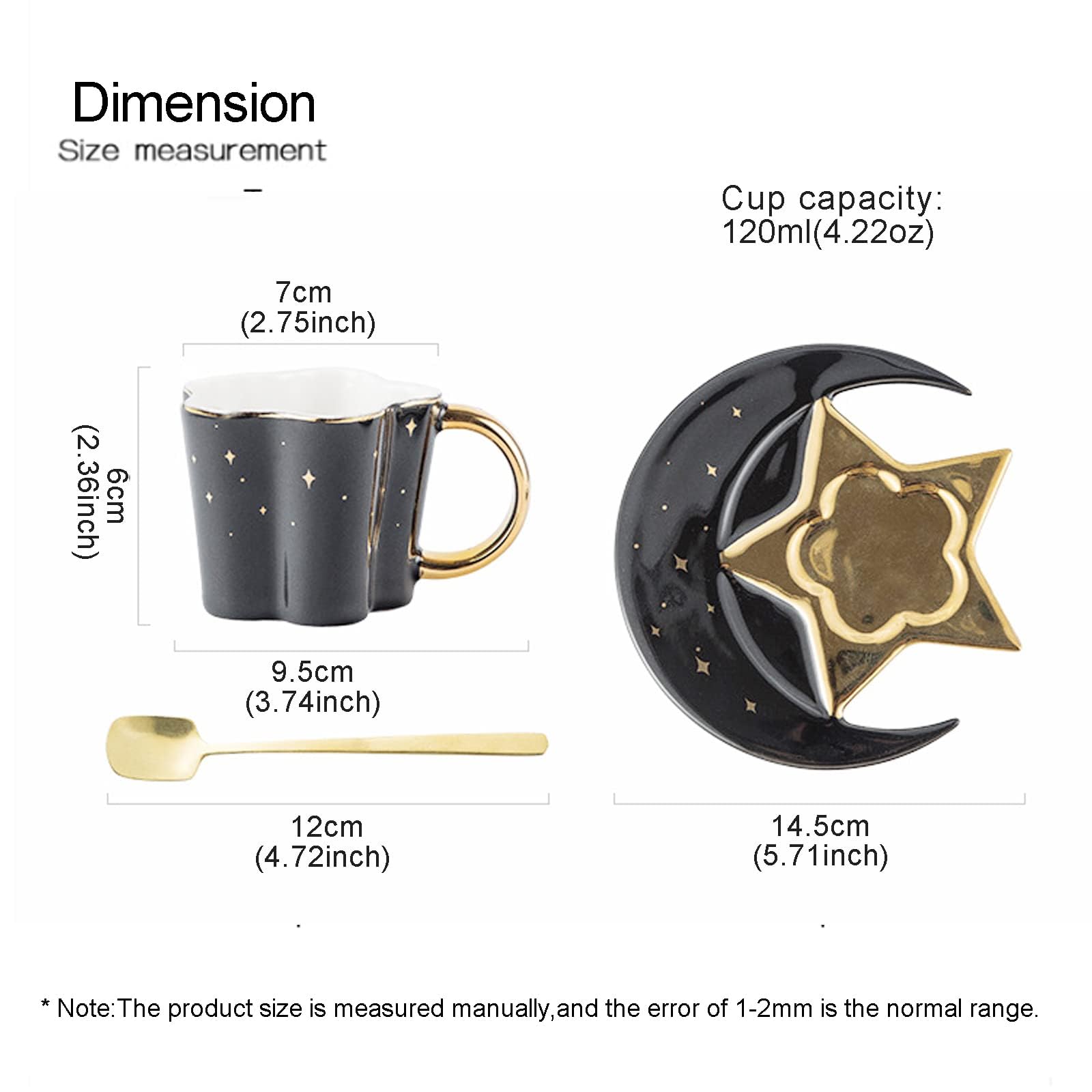 4.2 Ounce Irregular Ceramic Coffee Cup,Gold Plate Handle Mug,Moon and Star Shape Coffee Tea Cup and Saucer Sets with spoon,for Cappuccino,Tea,Cocoa,Cereal,Hot Chocolate (Black with Golden)