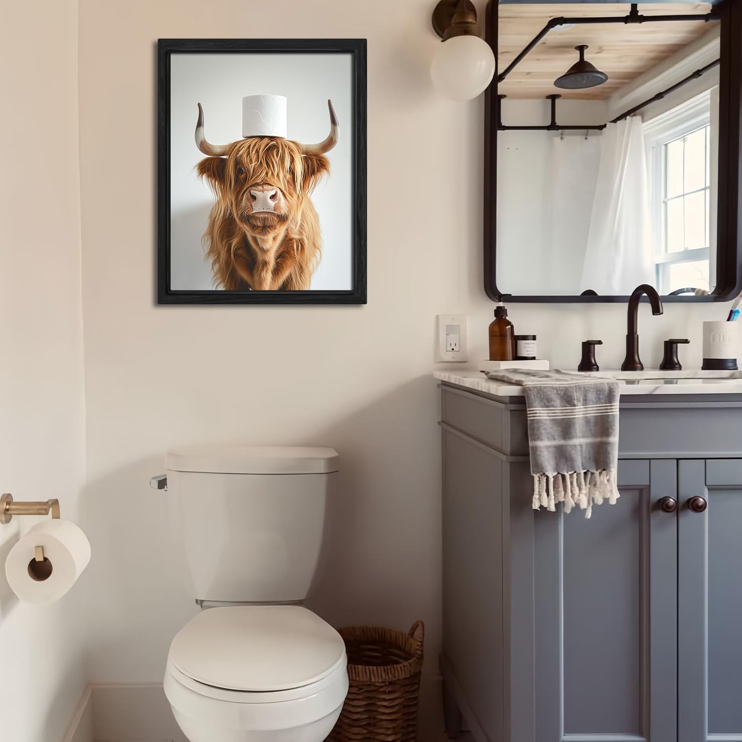 ZXDZSM Highland Cow Wall Art - Funny Rustic Bathroom Decor Canvas Print | Framed 12x16 Inch