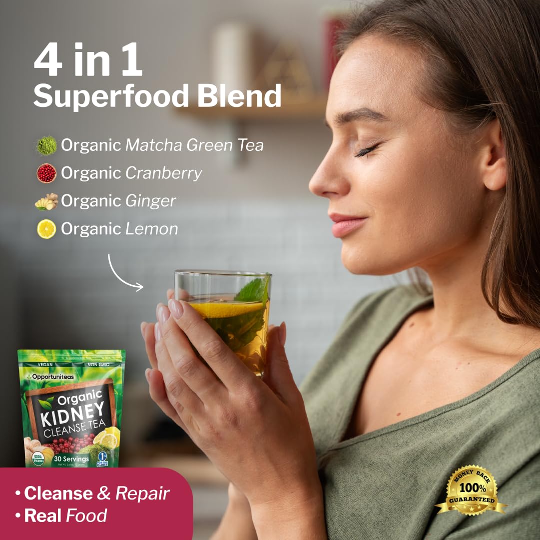Opportuniteas Organic Kidney Cleanse Detox & Repair Tea - Matcha Green Tea, Cranberry, Lemon & Ginger. 4 Cleansing Superfoods for Drinks. Vegan & Non-GMO - 30 Servings