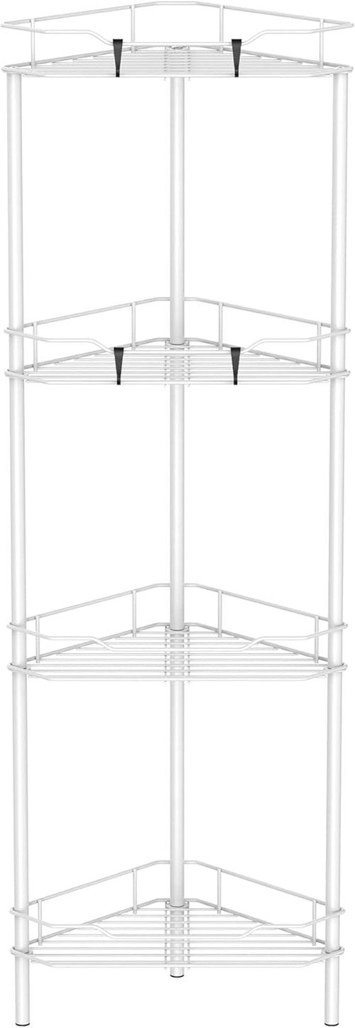 HuggieGems Corner Shower Caddy Organizer - 4 Tier Floor Standing Shelf with Hooks | White Bathroom Storage