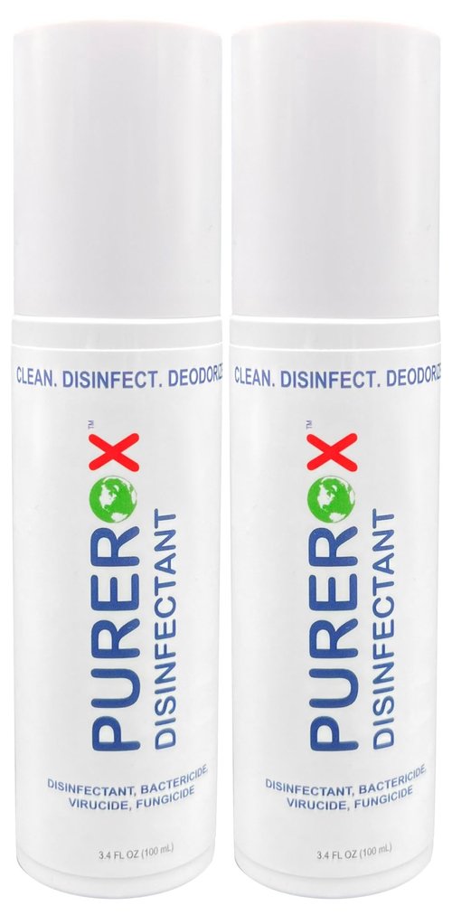 PUREROX disinfectant (3.4oz, 2pk) TSA Approved travel size. Eliminate 99.9999% viruses Norovirus, MRSA, Fungus, Bacteria. Hospital Grade. Safe for Use Anywhere. No residue. Suitable for All Surfaces.