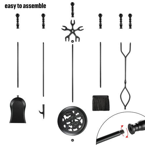 ATiyyo 5 Pieces Fireplace Tools Sets Wrought Iron Firewood Kit with Handle Durable Tool Set and Holder for Fire Pit Stand Indoor Tong Shovel Poker Brush Firewood Accessories (Black)