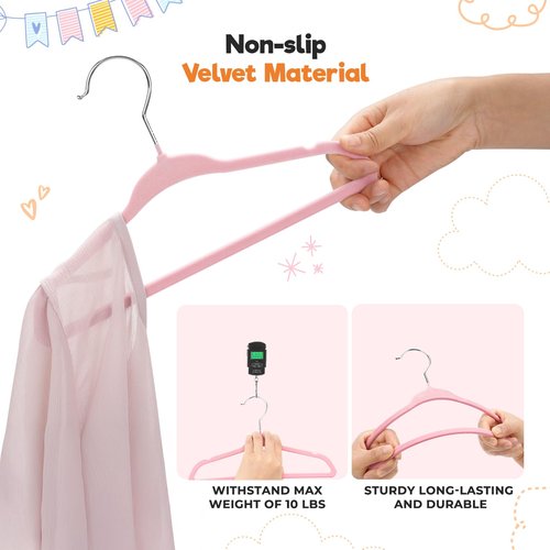 Babyrish Velvet Baby Hangers with Clips (30 Pack) | 11” Ultra-Slim Baby Clothes Hangers | Non-Slip Felt | Space-Saving Nursery & Infant Closet Organizer | Pink