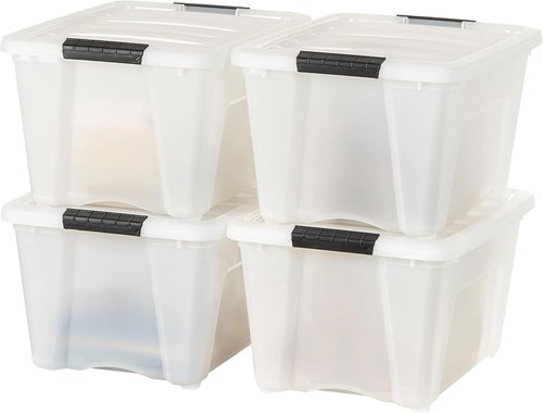 IRIS USA 32 Quart Stackable Storage Bins - 8 Pack Plastic Containers with Latching Lids | Pearl Color