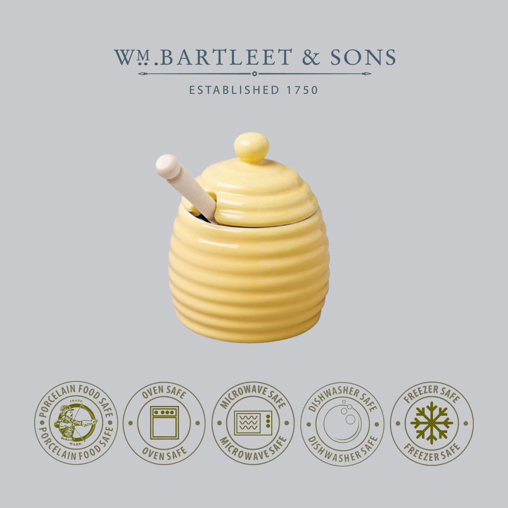 WM Bartleet & Sons 1750 Traditional Porcelain Honey Pot with Beech Wood Dipper 11cm – Yellow