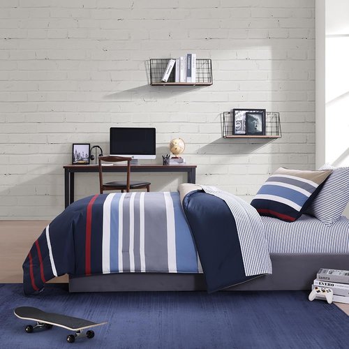 Nautica - Twin Comforter Set, Reversible Cotton Bedding with Matching Sham, Medium Weight for Year Round Use, Oeko-Tex Certified, Dorm Essentials (Bradford Navy/Khaki)