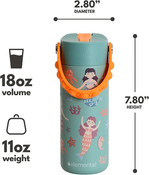 Elemental Insulated Kids Water Bottle - 18oz Stainless Steel with Straw Lid & Pop-It Handle | Leak-Proof for School & Sports - Mermaid Sisters