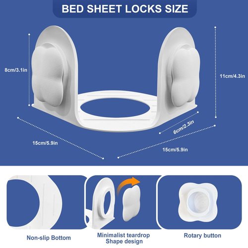 Ecohohoyyds Bed Sheet Holders for Corners: Fitted Bed Sheet Grippers with Twist-Lock Clips Keep Sheets Tight Heavy-Duty Grip Quick All Mattresses Easy Installation 4 Pack White