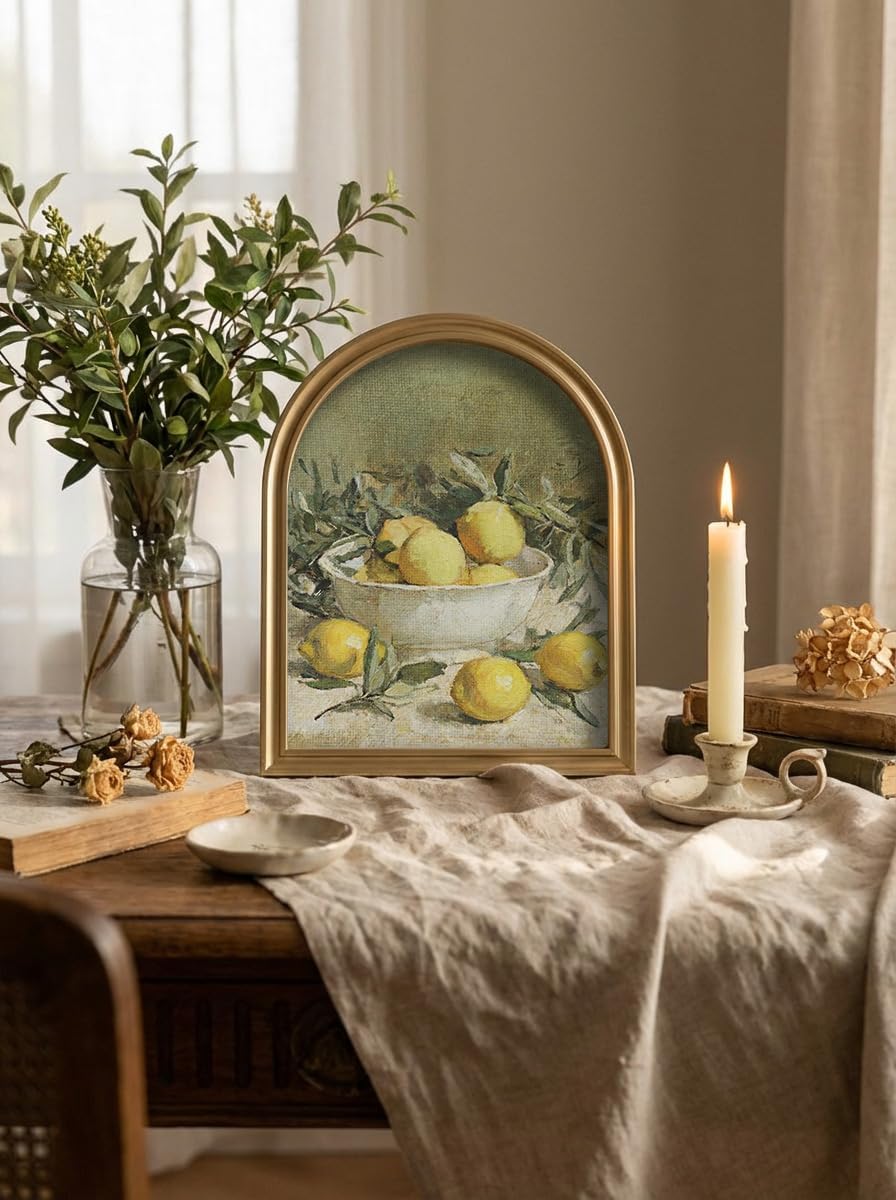 TwoDays Vintage Rustic Lemon Wall Art - Gold Arched Wood Frame Canvas Picture for Kitchen & Dining (11" x 13.8")