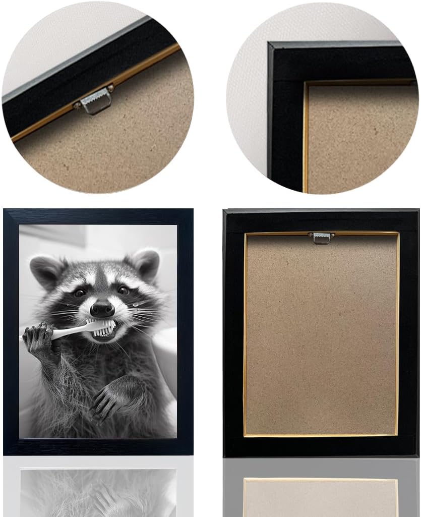 Raccoon Bathroom Art | Funny Black and White Animal Wall Decor | Framed Brushing Teeth Print
