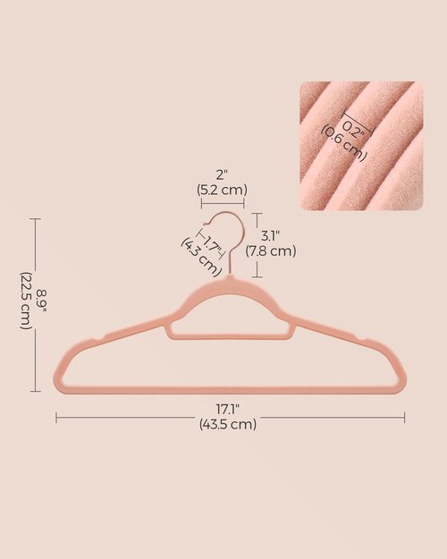 SONGMICS Velvet Hangers, Set of 60 Clothes Hanger with Rose Gold Swivel Hook, Non-Slip, and Space-Saving, 0.2-Inch Thick, 17.1-Inch Long for Coat, Shirt, Dress, Pants, Tie, Coral Pink UCRF0021R01