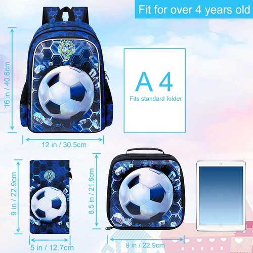 WZLVO 3PCS Football Backpack for Boys, 16'' Kids Soccer Bookbag with Lunch Box, Water Resistant School Backpacks for Preschool Elementary Kindergarten Travel