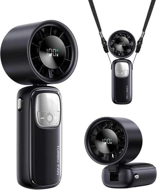 KIMMOO 3-in-1 Portable Handheld Turbo Fan - 100 Speeds, 15000 RPM, 10-Hour Cooling, LED Display | Mini Foldable Travel Fan (Black)