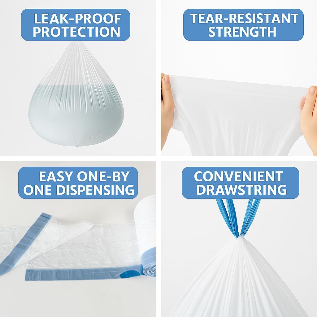 Skiennix 4 Gallon Small Trash Bags - Strong Leak-Proof Drawstring Garbage Bags, 100 Pack | White Bin Liners for Bathroom, Office, Dorm