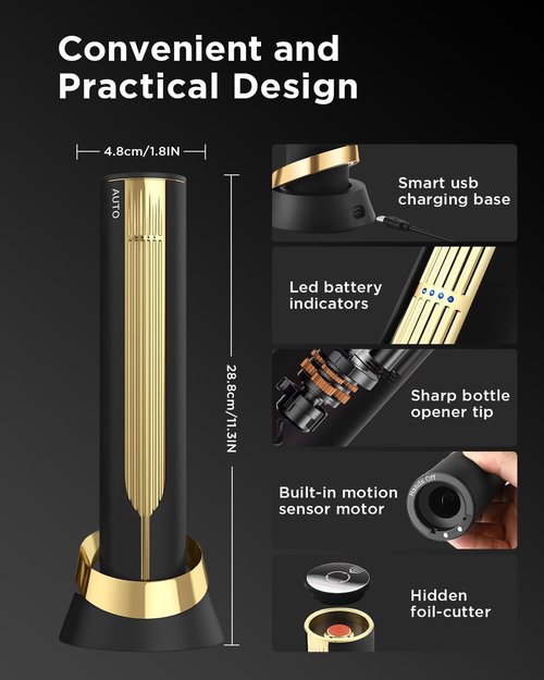 Newise Rechargeable Electric Wine Opener with Charging Base & Foil Cutter, Automatic Corkscrew for 60 Bottles, Luxury Gift for Wine Lovers Women Men - Gold & Black