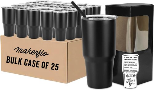 Makerflo 30 oz Black Powder Coated Tumbler - Pack of 25 with Upgraded Handle & Leak-Proof Lid for Crafting