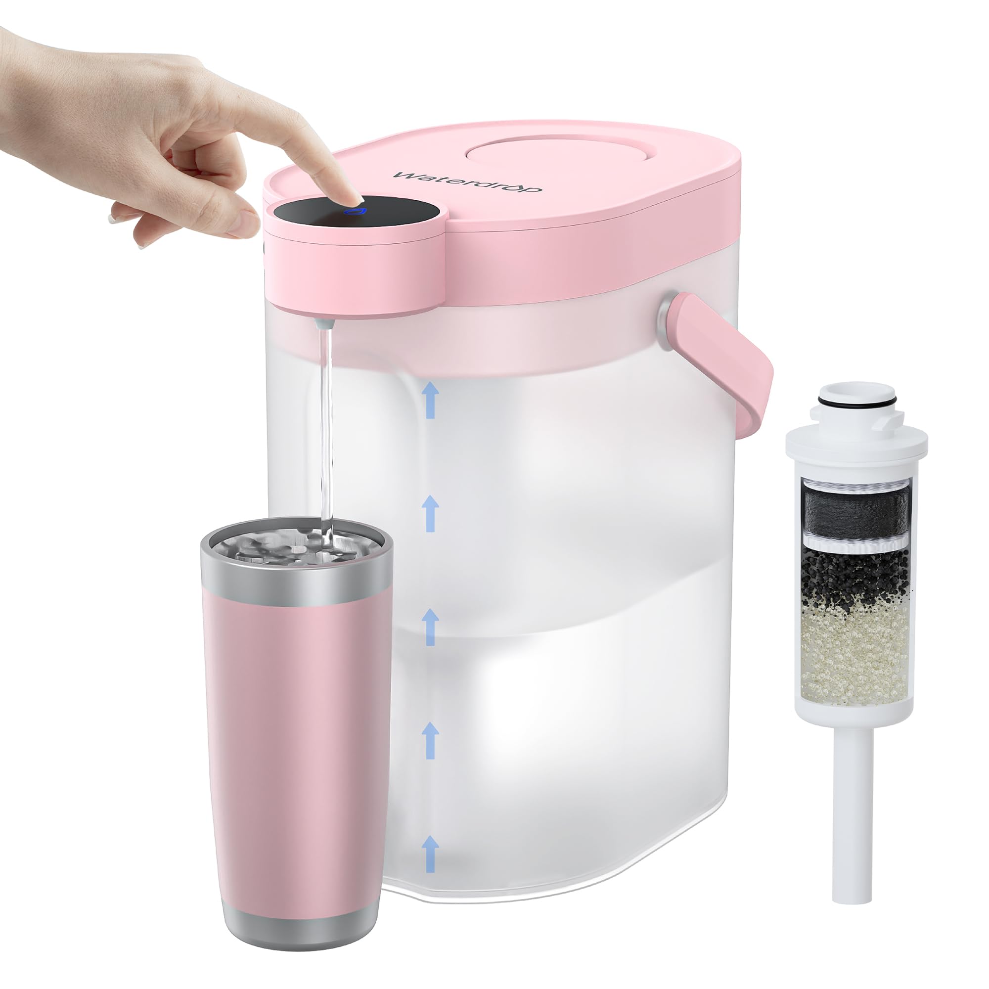 Waterdrop FreshTaste Electric Water Filter Pitcher, Rechargeable Powerful Dispenser, 17-Cup Instant Countertop Purifier, Reduce Chlorine, Lead, Copper, Purify, Soften Water, Pink, Does not Lower TDS