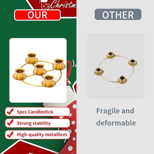 Advent Wreath Candle Holder Set - 5 Gold Taper Candles & Decorative Ring for Christmas Home Decor
