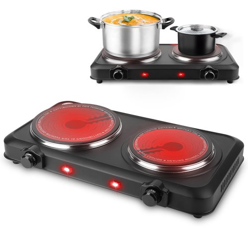 TeqHome Countertop Infrared Double Burner, 2000W Electric Hot Plate with 7.5" Ceramic Glass Cooktop, Stepless Temperature Adjustable & Heat-up In Seconds for Home Dorm, Compatible with All Cookware