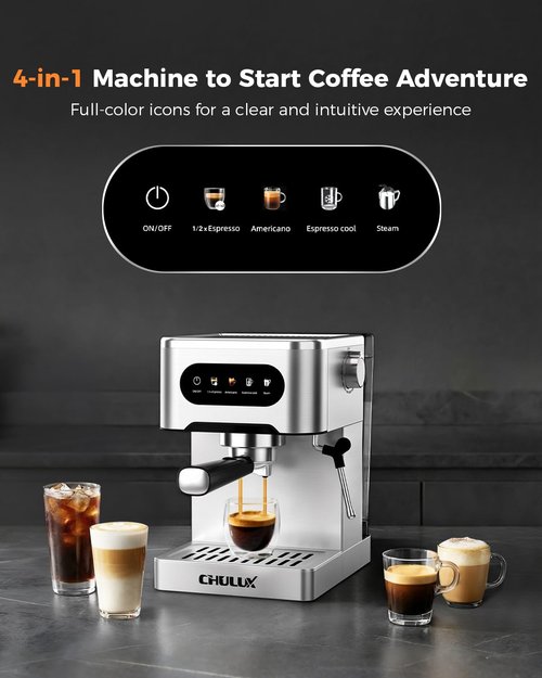 CHULUX Cold Brew Espresso Machine, 20 Bar Stainless Steel Touchscreen Cappuccino & Latte Machine with Steam Wand for Home