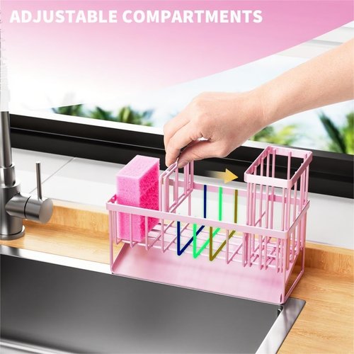 Cisily Kitchen Sink Caddy Organizer - Rustproof Stainless Steel with Brush & Sponge Holder | Pink