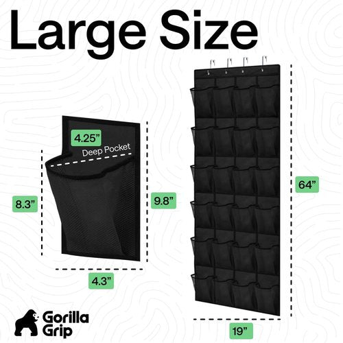 GORILLA GRIP Over the Door Shoe Organizer, 24 Large Breathable Mesh Pockets, Space Saving Hanging Storage Holder, Closet Rack Hanger Holds Up to 40 lbs, Hangs on Closets for Shoes, Accessories, Black