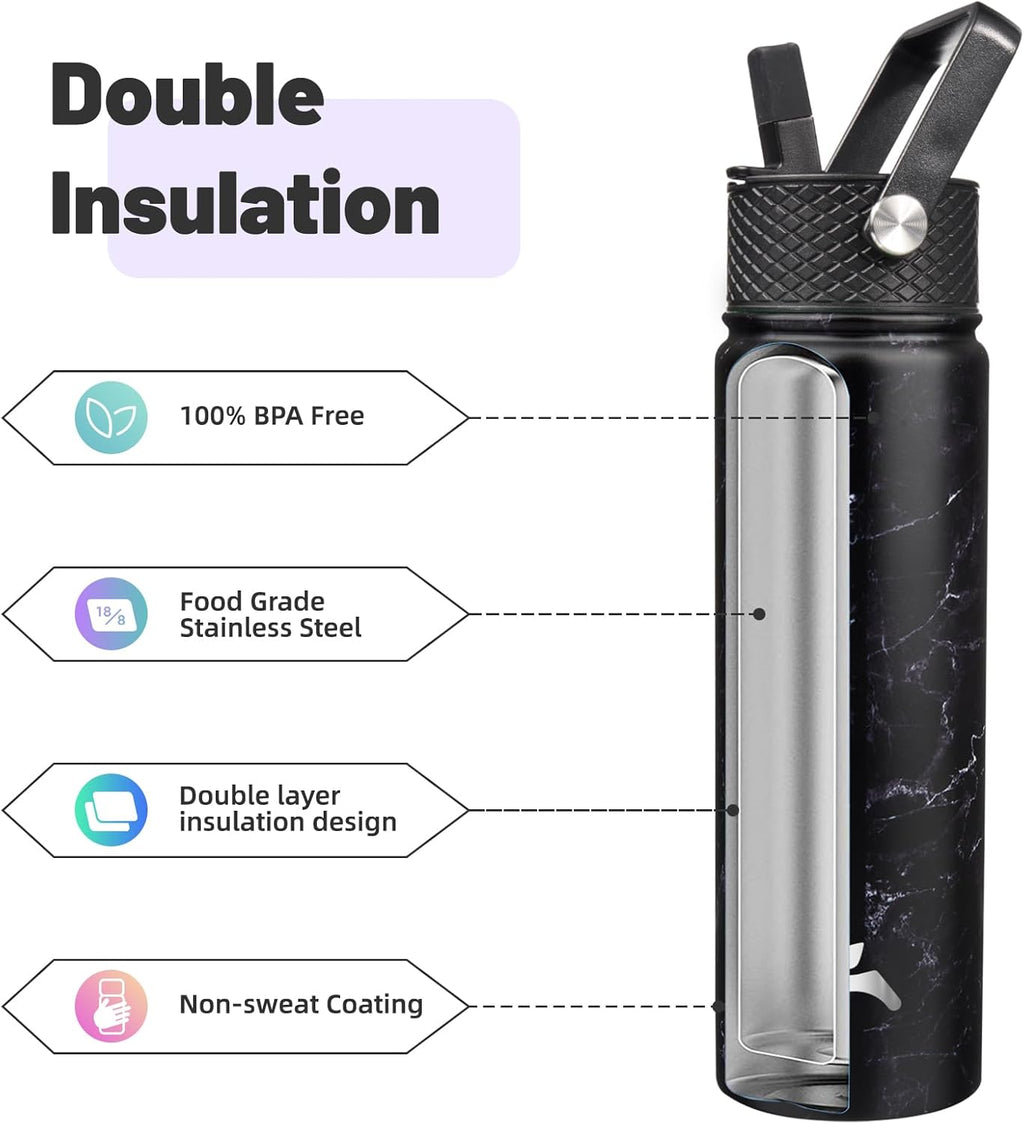 Skiennix 22oz Stainless Steel Water Bottle - Insulated with 3 Lids | Marble Midnight Finish