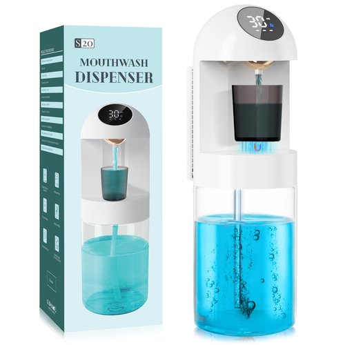 Automatic Mouthwash Dispenser for Bathroom, 20.29 Oz Dispensers with Magnetic Cups,Wall Mounted Dispenser,3 Dispensing Levels,Bathroom Accessories,House-Warming Gifts (White)