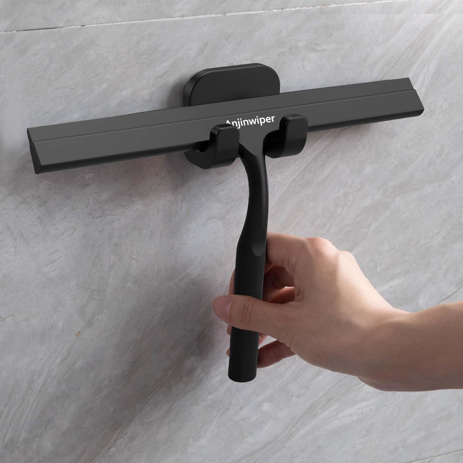 Skiennix Shower Squeegee - Silicone Window Cleaner Tool with Adhesive Hook | 10-Inch Black