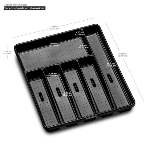 madesmart Premium Silverware Tray, 6 Compartment Flatware Organizer for Forks, Knives & Spoons, Non Slip, Soft Grip Lining, Durable Drawer Organizer, Black